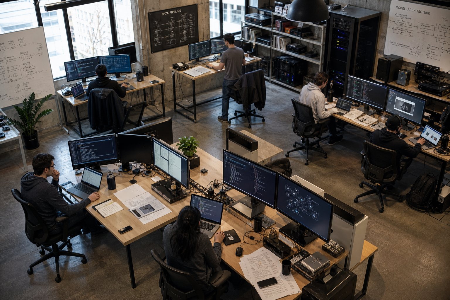 ZORVAYA LTD AI development team working at engineering workstations in Luton office